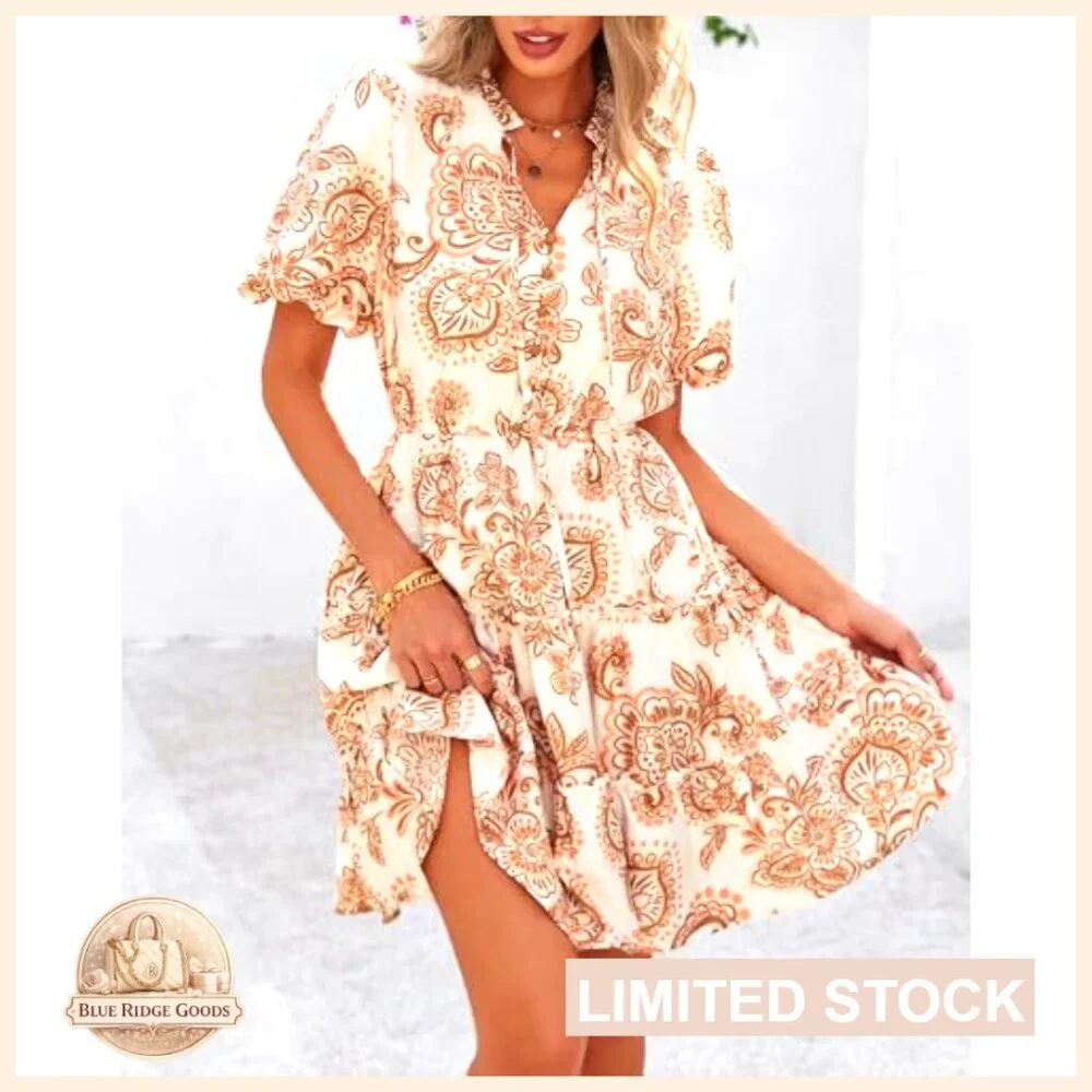 Boho Floral Mini Dress Tiered Ruffle V Neck Short Sleeve A Line Summer - Picture 2 of 7